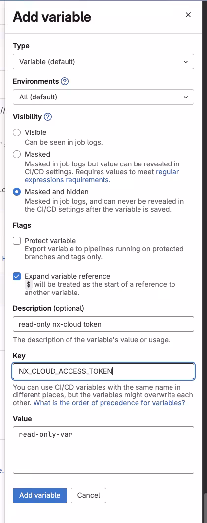 add read-only nx cloud access token to gitlab